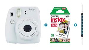 Instax Mini 9 Instant Camera - Smokey White with Arrow Strap & 10 Pack of Film
