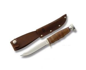 KA-BAR 1232 Hunter 4" Blade Knife Stacked Leather Handles Leather Sheath