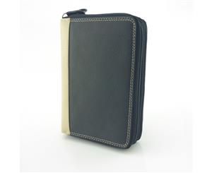 Leather Double Zip Multi Colour RFID Protected Wallet/Purse - Black Multi