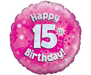 Oaktree 18 Inch Happy 15Th Birthday Holographic Balloon (Pink/Silver) - SG4186