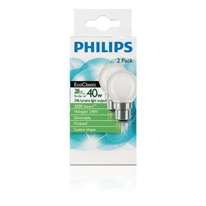 Philips 28W Warm White Frosted EcoClassic Halogen Globe - 2 Pack