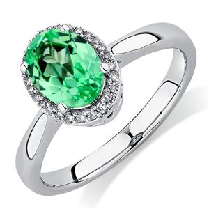 Ring with Created Green Sapphire & Diamonds in 10ct White Gold