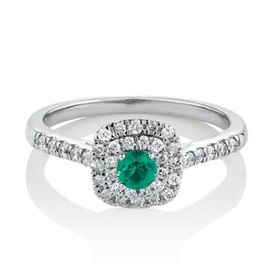 Square Halo Ring with 0.30 Carat TW of Diamonds & Emerald in 10ct White Gold