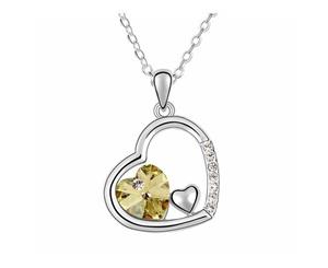 Swarovski Crystal Elements - Double Heart Design Necklace - Platinum Plate - Citrine Yellow - Valentine's Day Gift Idea