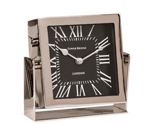 TOWER BRIDGE LONDON 17cm Desk Clock on Stand with Square Black Face - Nickel