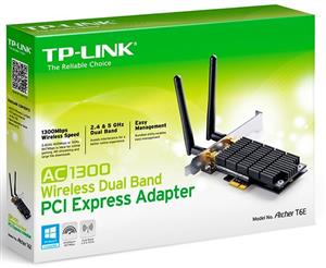 TP-Link Archer T6E AC1300 Wireless Dual Band PCI Express Adapter 1300Mbps 5GHz (867Mbps) 2.4GHz (400Mbps) 802.11ac 2x External Detachable Antennas