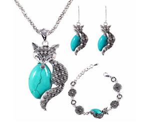 Vintage Necklace Set Alloy Inlaid Turquoise Fox Bracelet Necklace Earrings Small Animal Necklace Personalized