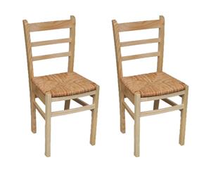 2x Dining Chairs Brown Pinewood Rush Seat Kitchen Cafe Living Room