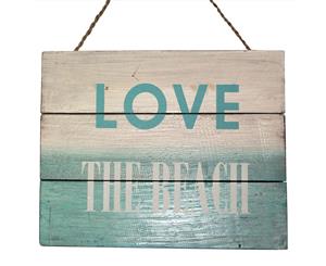 30cm x 24cm &quotLove The Beach" Wooden Hanging Sign in White & Blue Wash - White and Blue