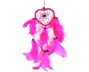 6.5cm Pink Heart Dream Catcher Red Web Design with Pink Feathers and Beads - Pink