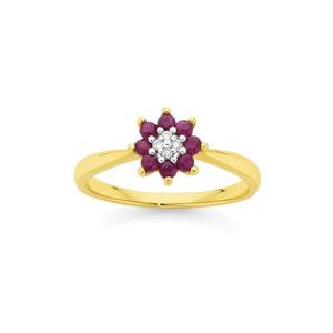9ct Gold Natural Ruby & Diamond Petite Flower Ring