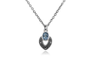 Art Deco Style Oval Aquamarine & Marcasite Necklace in 925 Sterling Silver