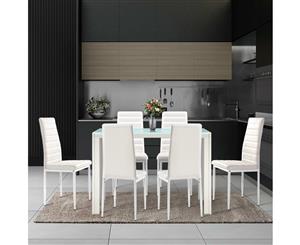 Artiss Astra 7-piece Dining Table and Chairs Dining Set Tempered Glass Leather Seater Metal Legs White