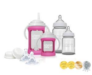 Cherub Baby Glass Bottle Starter Kit with Protective Colour Change Silicone Sleeve - Pink