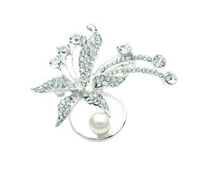Crystal Silver Tone and Cream Mock Pearl Flower Brooch