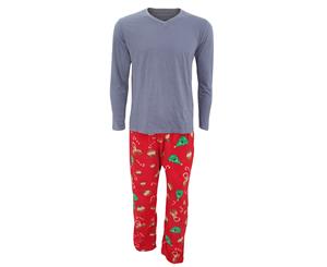 Foxbury Mens Plain Long Sleeve Top & Christmas Patterned Fleece Bottoms Pyjamas/Nightwear Set (Off Blue/Red) - N824