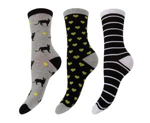 Foxbury Womens/Ladies Patterned Cotton Rich Socks (Pack Of 3) (Grey/Black/Yellow) - W526