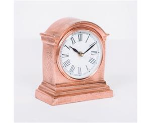 HUTT Small Table Clock with Round White Face Black Numerals and Arms and Antique Brass Finish