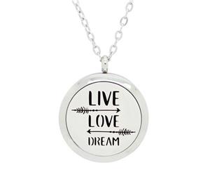 Live Love and Dream Design Aromatherapy Essential Oil Diffuser Necklace - Silver 25mm - Free Chain - Valentine's Day Gift