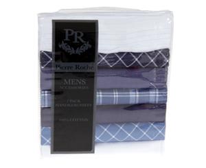 Pierre Roche Mens 100% Cotton Patterned Handkerchief (7 Pack) (Navy/White/Blue) - HAND117
