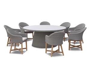 Plantation 8 With Coastal Outdoor Wicker Dining Chairs - Outdoor Wicker Dining Settings - Brushed Grey and latte cushion