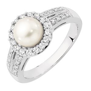 Ring with a Cultured Freshwater Pearl & Created White Sapphires in Sterling Silver