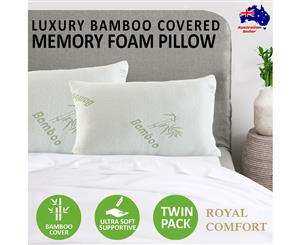 Royal Comfort Luxury Bamboo Covered Memory Foam Pillow Twin Pack Hypoallergenic Antibacterial