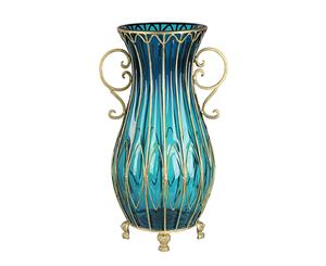 SOGA 50cm Blue Glass Oval Floor Vase with Metal Flower Stand