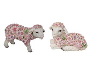 Set of 2 25cm Flower Decorated Lambs Resin Ornament Very Cute