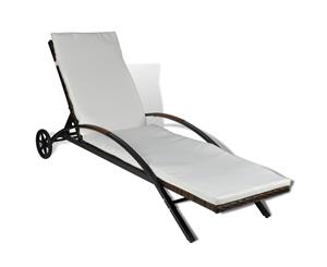 Sunlounger with Cushion 2 Wheels Poly Rattan Brown Outdoor Patio Daybed