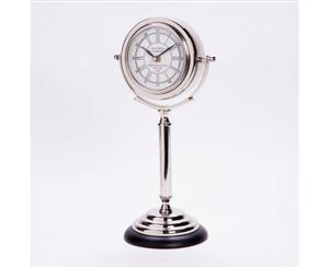 TOWER BRIDGE LONDON 40cm Tall Table Clock on Stand with Round White Face Black Numerals and Arms and Polished Nickel Finish