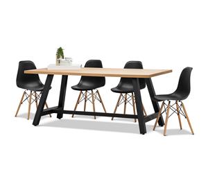 5pc Dining Set Industrial Rustic Style Light Oak Wood Rectangular 1.8m Dining Table & 4 x Replica Black Eames Chairs