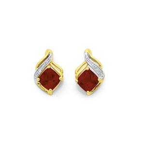 9ct Gold Garnet & Diamond Cushion Cut Swirl Stud Earrings