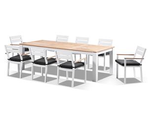 Balmoral 2.5M Teak Top Aluminium Table With 8 Capri Dining Chairs - Outdoor Teak Dining Settings - White Aluminium with Denim
