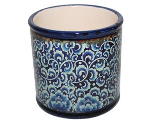 Blue 1pce Turkish/Urban Inspired Ceramic Flower Pot 9.8x9.5cmH Round Cylinder Look [TYPE A] - Dark Blue