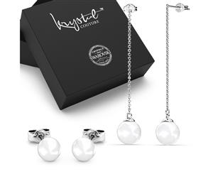 Boxed 2 Pairs 18K White Gold Pearl Drop Earrings Set Embellished with Swarovski Pearls