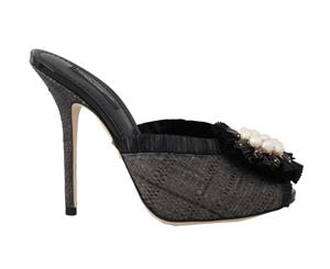Dolce & Gabbana Black Straw Open Toes Crystal Sandals