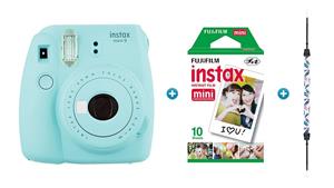 Instax Mini 9 Instant Camera - Ice Blue with Feather Strap & 10 Pack of Film