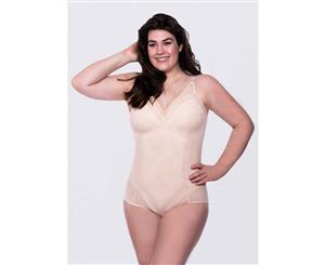 LaSculpte Women's Shapewear Extra Firm Control Wire Free Fuller Figure Mesh Bodysuit with Lace - Nude