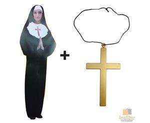 NUN COSTUME WITH CROSS Dress Halloween Womens Outfit Dress Religious Sister New