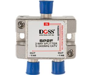 SP2F DOSS 2 Way 'F' Splitter or Combiner DC Pass Through 2.4Ghz Doss High Quality Satellite & Cable Compatible 75&Omega Splitters In Zinc Diecast