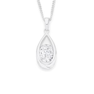 Silver Large Oval CZ In Open Cage Pendant