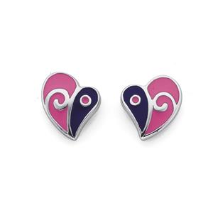 Silver Pink & Purple Enamel Heart Stud Earrings