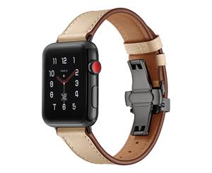 WIWU New Genuine Leather Watch Band Black Metal Butterfly Buckle For Apple Watch 5/4/3/2/1-Apricot