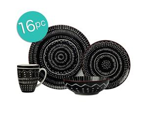 16pc Casa Domani Casual Togo Porcelain Mugs Bowls Dinner Side Plates Black Set