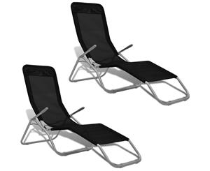 2pcs Folding Reclining Tanning Sun Bed Sunbed Lounger Beach Chair Leisure Black