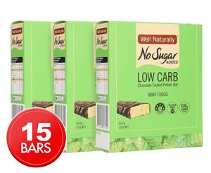 3 x 5pk Well Naturally Low Carb Chocolate Coated Protein Bar Mint Fudge 25g