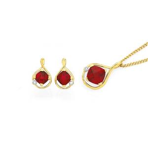 9ct Gold Created Ruby & Diamond Open Teardrop Earring & Pendant Set