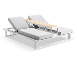 Arcadia Aluminium Double Sun Lounge Daybed With Table - Outdoor Daybeds - White Aluminium with Textured Olefin Grey Cushions