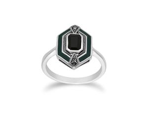 Art Deco Style Octagon Black Onyx Marcasite & Black Enamel hexagon Ring in 925 Sterling Silver